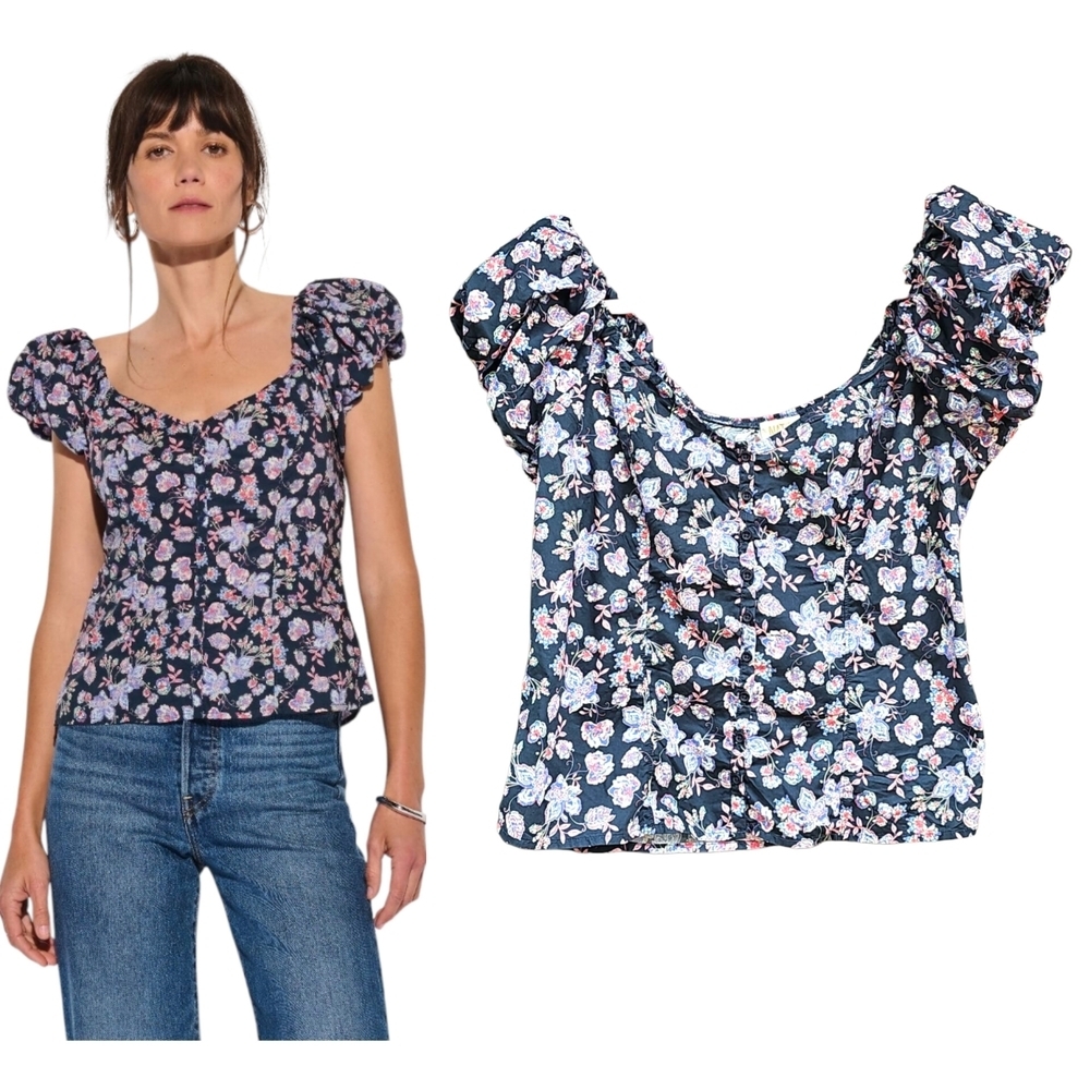Nation LTD Angel Navy Blue Floral  Ruffled Bubble Sleeve Top Size M REVOLVE